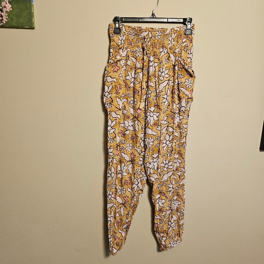 Aerie Yellow Smocked High Waist Drawstring Pants Floral Size Small
